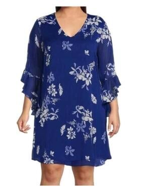 NOWT Calvin Klein size 14W blue White long bell sleeve A-line dress Lightweight
